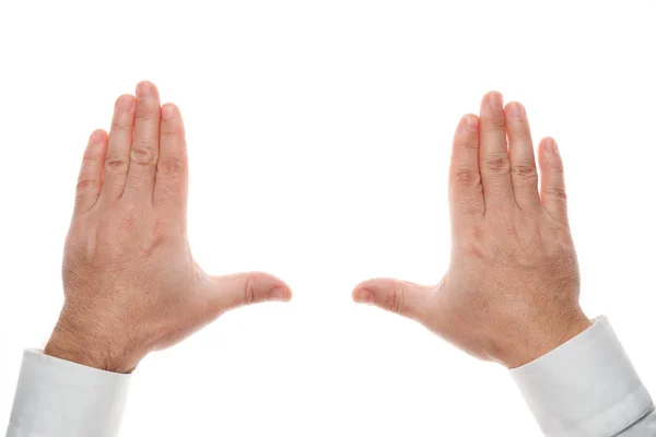 Man handen gebaar geïsoleerd op witte achtergrond. Wit shirt, zakelijke stijl. — Stockfoto