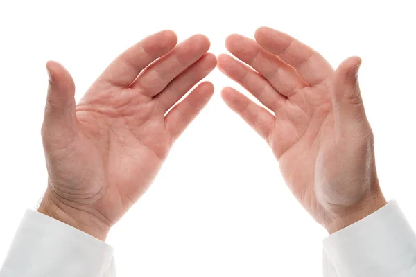 Man hands, palm gesture, isolated on white background. White shirt, business style. — 스톡 사진