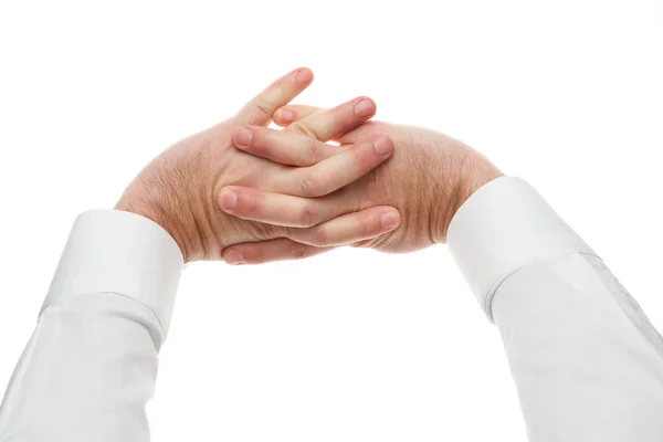 Mâinile omului, relaxați gestul izolat pe fundal alb. Cămașă albă, stil de afaceri . — Fotografie, imagine de stoc