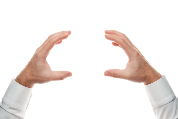 Man handen, pak gebaar geïsoleerd op witte achtergrond. Wit shirt, zakelijke stijl. — Stockfoto