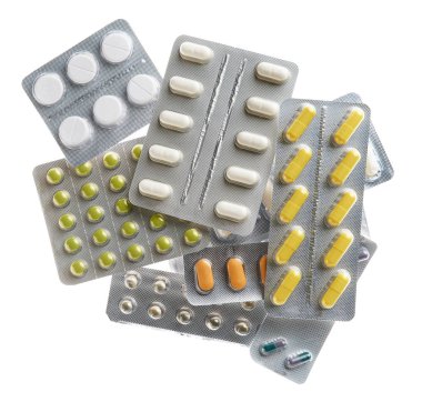 Pills blisters, tablets, vitamins, drugs, capsules, medicament and food supplement for health care. Pharmaceutical industry. Pharmacy. Isolated on white background.