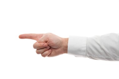 Man hands, pointing gesture isolated on white background. White shirt, business style.