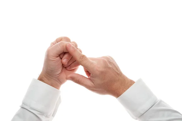 Man hands, counting gesture, isolated on white background. White shirt, business style. — Stok fotoğraf