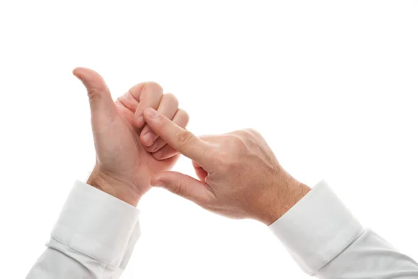 Man hands, counting gesture, isolated on white background. White shirt, business style. — 스톡 사진