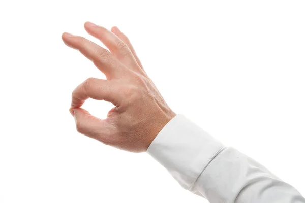 Menschenhände, okay Geste isoliert auf weißem Hintergrund. Weißes Hemd, Business-Stil. — Stockfoto