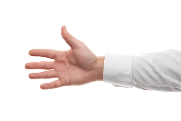 Man hands gesture isolated on white background. White shirt, business style. Stock Picture