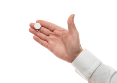 Man hand with one big white pill isolated on white background. White shirt, business style. Medicament and food supplement for health care. Pharmaceutical industry. Pharmacy.