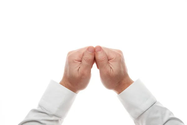 Mani di uomo, pensiero gesto, isolato su sfondo bianco. Camicia bianca, stile business . — Foto Stock