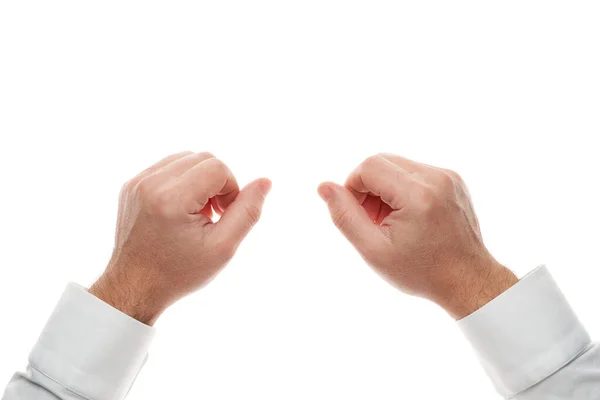 Man handen gebaar geïsoleerd op witte achtergrond. Wit shirt, zakelijke stijl. — Stockfoto