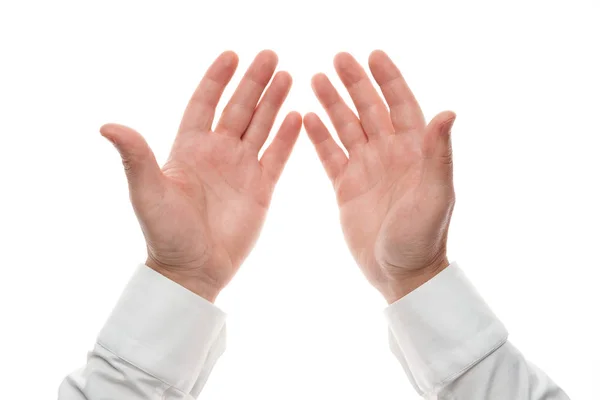 Man hands, palm gesture, isolated on white background. White shirt, business style. — Stockfoto