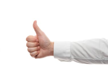 Man hands, good or like gesture isolated on white background. White shirt, business style.