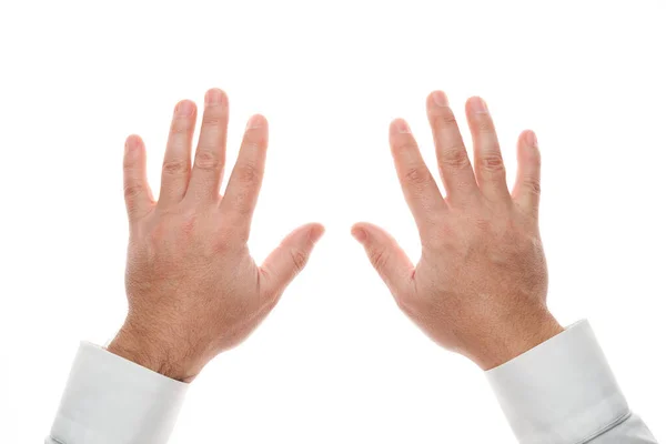 Mužské ruce gesto izolované na bílém pozadí. Bílá košile, obchodní styl. — Stock fotografie