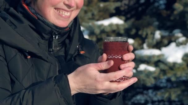 Woman Drinking Hot Tea Forest Beautiful Winter Landscape Snowy Fir — Stock Video