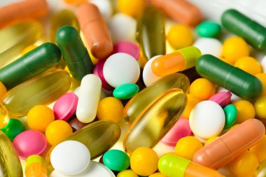 Arka plan için haplar, haplar, vitaminler, ilaçlar, makro ilaç fotoğrafları