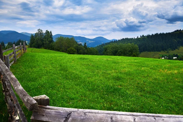 Příroda Letní Krajina Karpatských Horách Dřevěný Plot Podél Pastvin Ranči — Stock fotografie