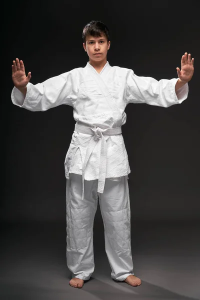 Retrato Adolescente Vestido Com Roupas Artes Marciais Posa Fundo Cinza — Fotografia de Stock