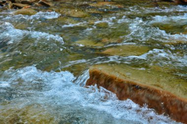 Manzara, yaz günündeki dağ nehri manzarası, hızlı akan su ve kayalar, vahşi doğa.