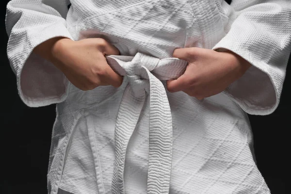 Hands Closeup Teenager Dressed Martial Arts Clothing Posing Dark Gray — 스톡 사진