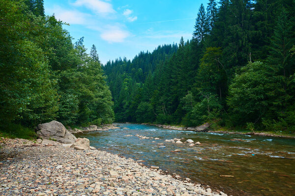 landscape, beautiful view of mountain river in summer day, fast flowing water and rocks, wild nature