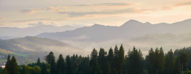 Gün batımı, güzel bulutlu gökyüzü Karpatya dağlarında, yaz manzarası, tepelerde yaylalar