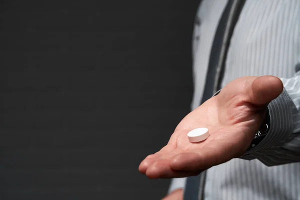 Businessman Closeup Portrait Standing Posing Pill Health Medication Concept Dark — Stock Photo, Image