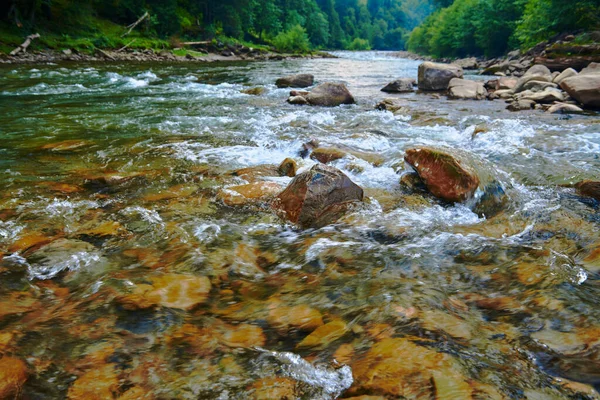 Krajina Krásný Výhled Horskou Řeku Letním Dni Rychle Tekoucí Voda — Stock fotografie