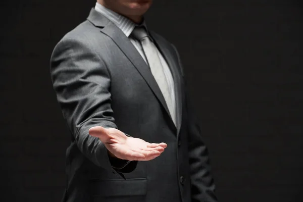 Businessman Portrait Showing Palm Hand Demonstrate Something Dressed Gray Suit — Stock Photo, Image