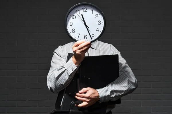 Businessman Closeup Portrait Stands Shows Clock Front His Head Time — Stock Photo, Image