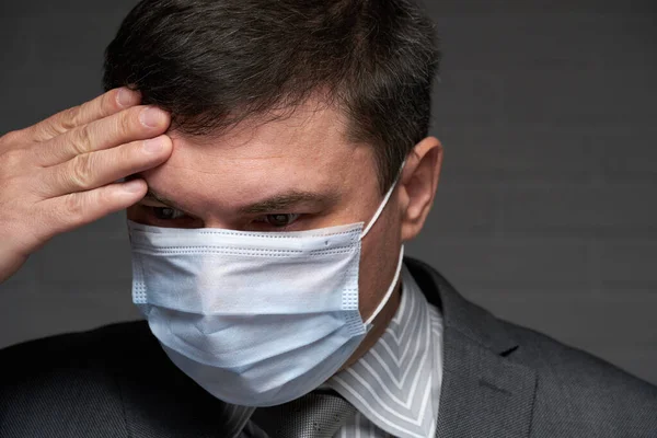 Infected Man Has Headache Symptoms Disease Touches His Forehead His — Stock Photo, Image