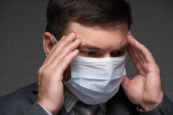 Infected Man Has Headache Symptoms Disease Touches His Forehead His — Stock Photo, Image