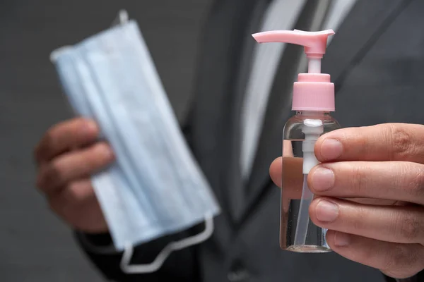 Man Demonstrates Protective Face Mask Antivirus Individual Protection Bottle Sanitizer — Stock Photo, Image