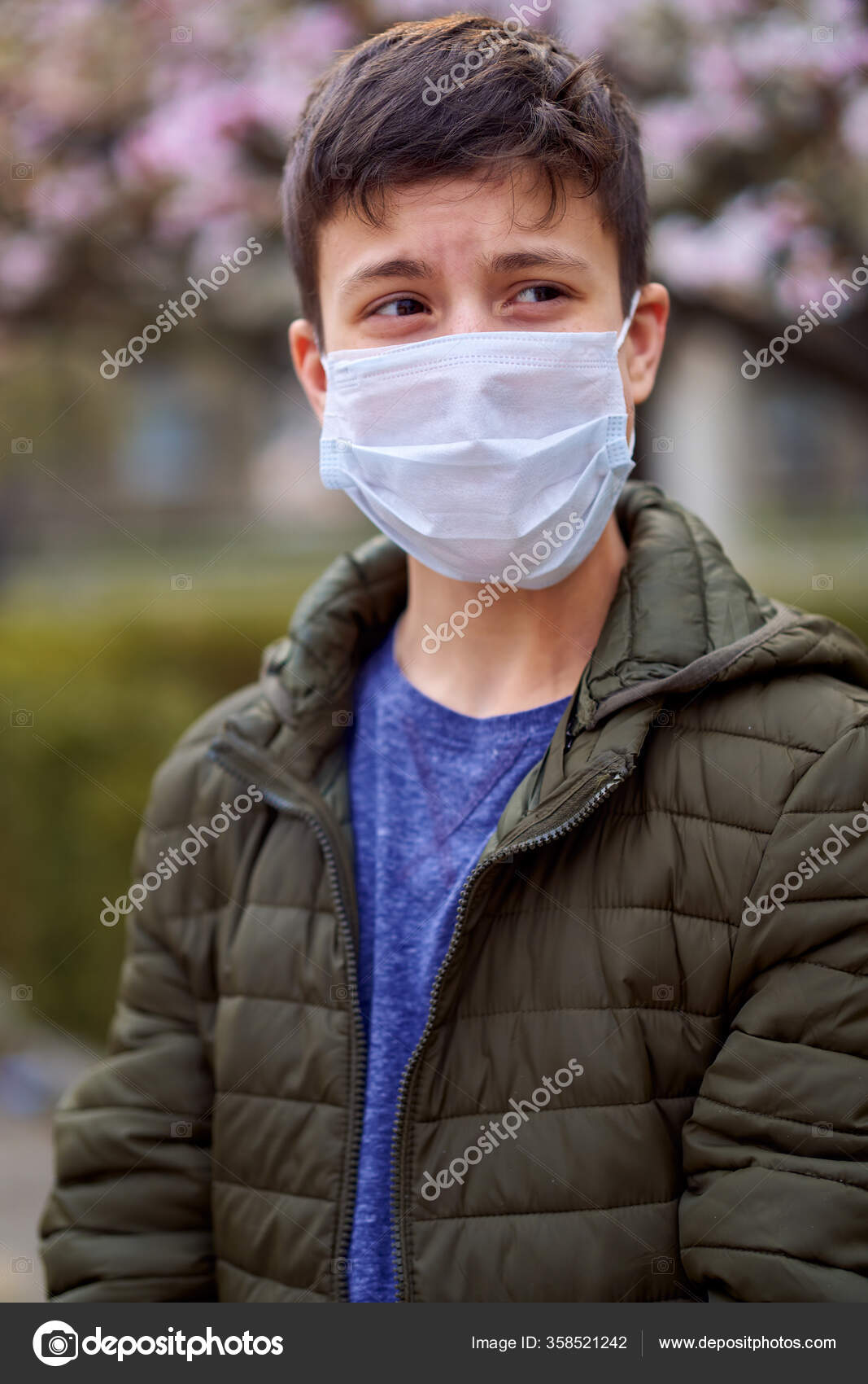 Boy Face Mask City Outdoor Blooming Trees Spring Season Flowering