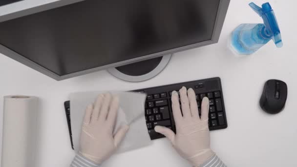 Concept Cleaning Disinfecting Office Businessman Cleans Workplace Computer Desk Uses — Stock Video