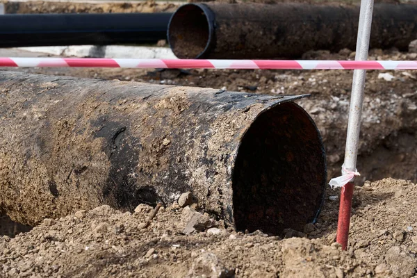 Reparação Substituição Gasoduto Principal Sistemas Aquecimento Rede Tubos Aquecimento Urbano — Fotografia de Stock