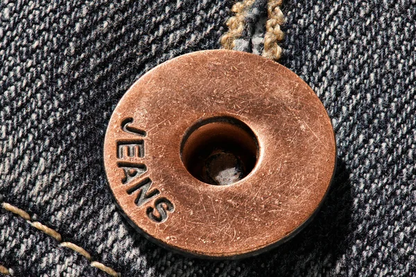 Brass Button Jeans Natural Clean Background Macro Photo Dark Blue — Stock Photo, Image