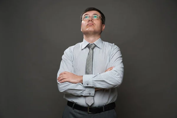 Man Looking Dressed Businessman Posing Studio Gray Background Glasses Light — Stock Photo, Image