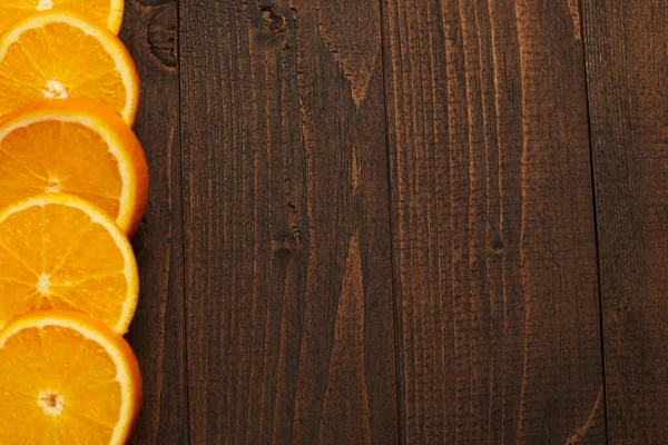 Fundo Madeira Escura Com Espaço Branco Para Texto Frutas Laranja — Fotografia de Stock