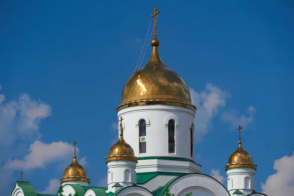 Exterior Orthodox Church Golden Domes Crosses White Walls Bright Light — Stock Photo, Image