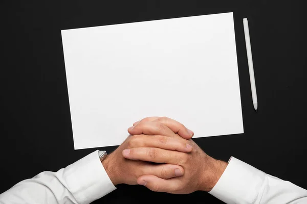 Blank Sheet Paper Businessman Hands Black Table White Shirt Wrist — Stock Photo, Image