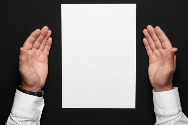 Blank Sheet Paper Businessman Hands Black Table White Shirt Wrist — Stock Photo, Image