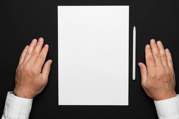 Blank Sheet Paper Businessman Hands Black Table White Shirt Wrist — Stock Photo, Image