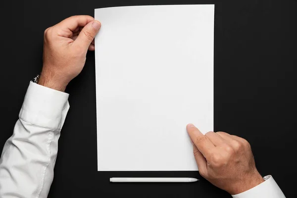 Blank Sheet Paper Businessman Hands Black Table White Shirt Wrist — Stock Photo, Image