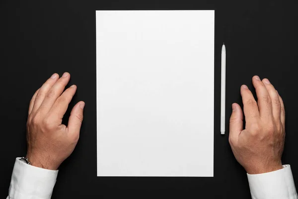 Blank Sheet Paper Businessman Hands Black Table White Shirt Wrist — Stock Photo, Image