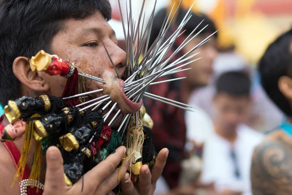 Taoist devotee extreme piercing — Stock Photo, Image