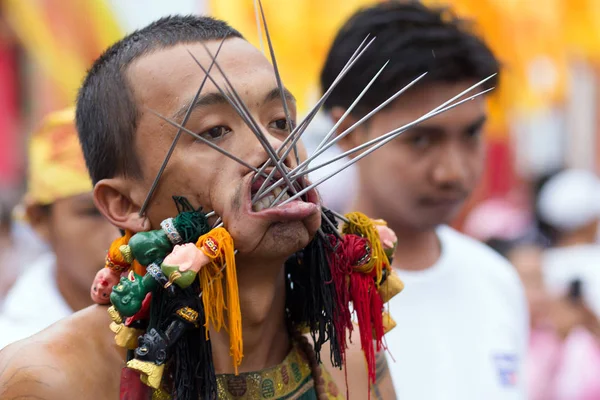 Taoist devotee extreme piercing — Stock Photo, Image