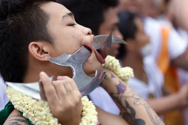 Taoist devotee extreme piercing — Stock Photo, Image