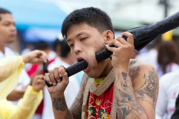 Taoist devotee extreme piercing — Stock Photo, Image