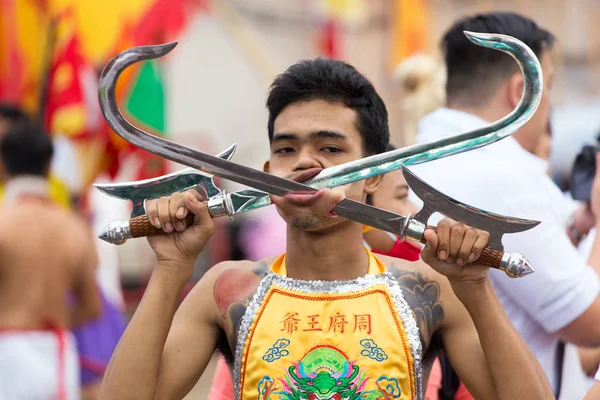 Taoist devotee extreme piercing — Stock Photo, Image