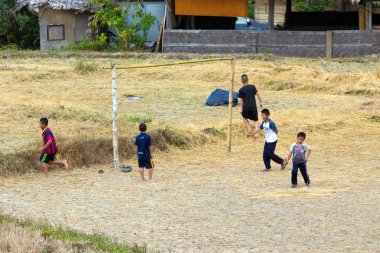 Ricefield içinde futbol oynayan çocuklar