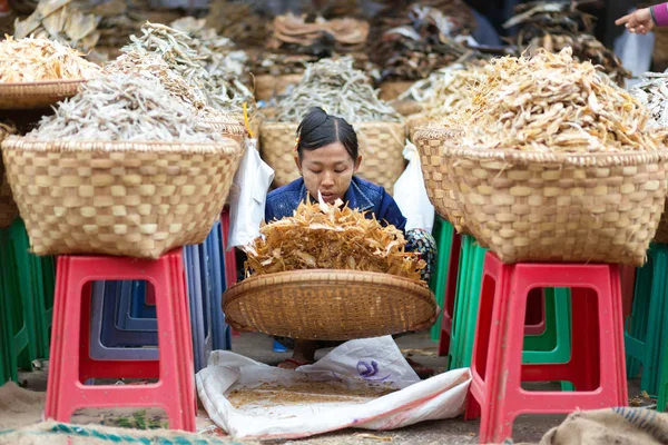 缅甸的干鱼卖方 — 图库照片